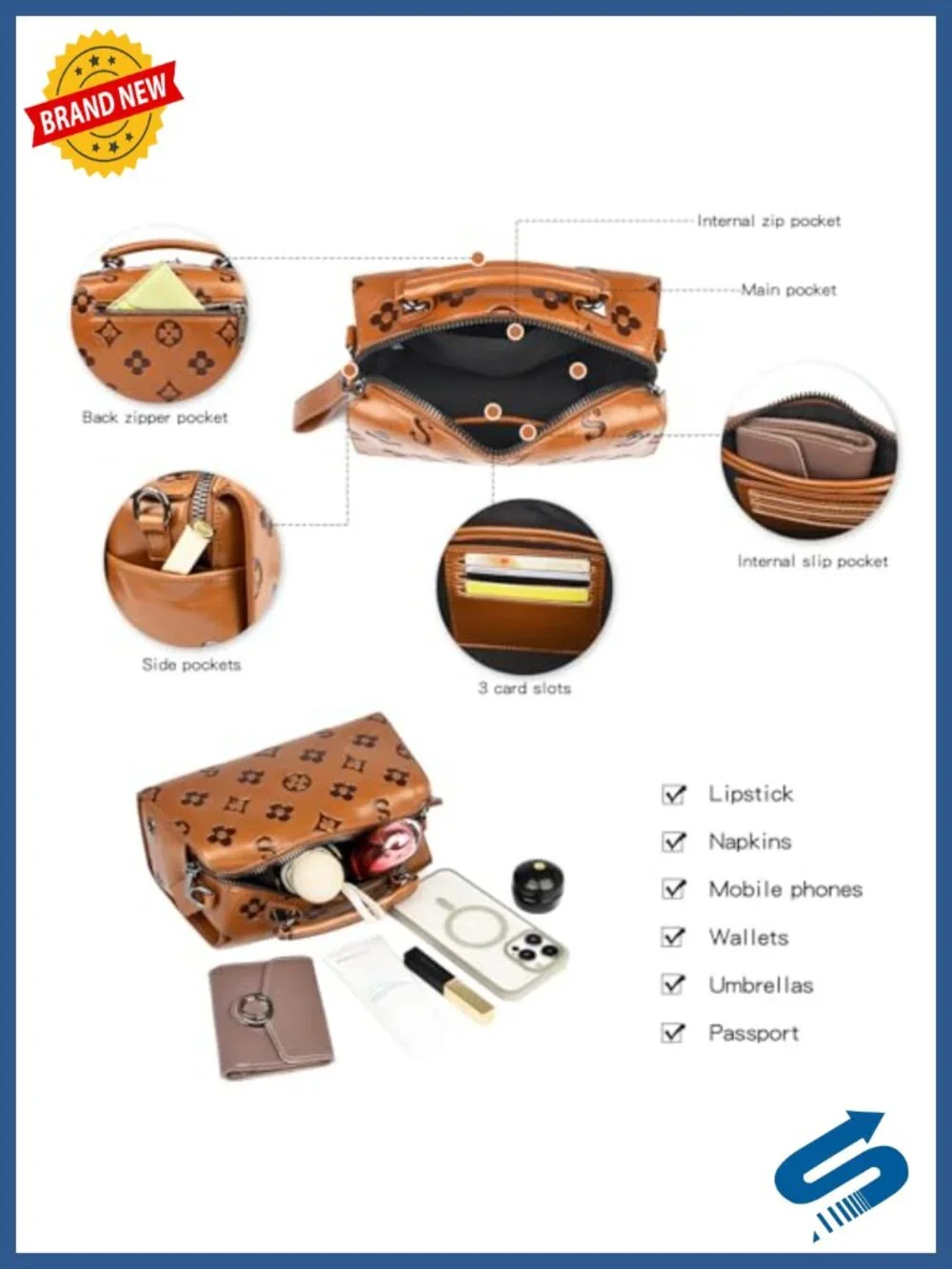Faux Leather Embossed Crossbody Satchel with Top Handle & Shoulder Strap